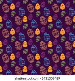 Seamless pattern with Easter Bunny looking out of an egg and decorated eggs