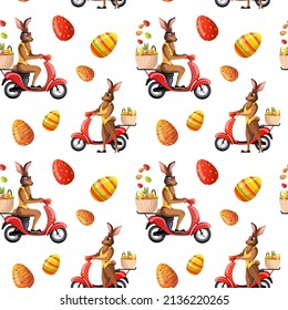Seamless pattern with Easter bunny on scooter and colored eggs for Easter. Perfect for product design, wallpaper, scrapbooking, textile, wrapping paper.