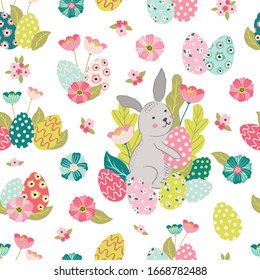 Seamless pattern with easter bunny rabbit and colorful eggs for fabric, textile, wallpaper, planner and stationery design.Spring and Easter tileable background