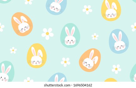 Seamless pattern of Easter bunny rabbit and little flower on green background vector illustration. Cute cartoon character.