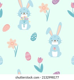 Seamless pattern with Easter Bunny rabbit, eggs and tulips flowers in the basket over blue background. Vector illustration.