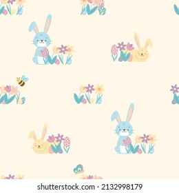Seamless pattern with Easter Bunny rabbit, eggs and tulips flowers in the basket over yellow background. Vector illustration.