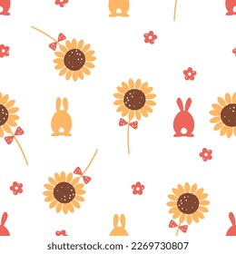 Seamless pattern with Easter bunny rabbit, cute flower and sunflower on white background vector illustration.