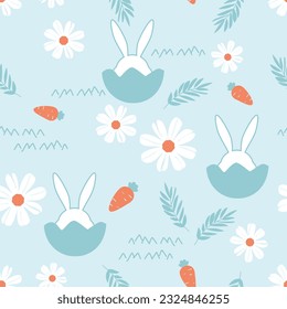 Seamless pattern with Easter bunny rabbit cartoons, egg shell, grass, daisy flower, carrot and branches on blue background vector illustration.