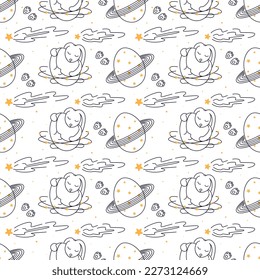 Seamless pattern with easter bunny, set of bunnies with easter eggs, rabbit in space