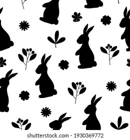 Seamless pattern Easter bunny silhouette flowers vector illustration