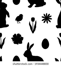 Seamless pattern Easter bunny silhouettes bird flowers vector illustration