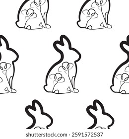 seamless pattern with an Easter bunny sitting on its hind legs and turned to the right on its paws and flower buds in line art style, for logos and various designs