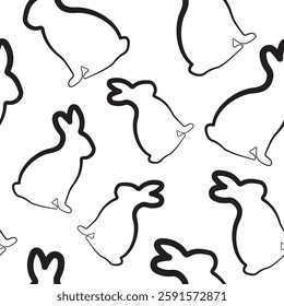 seamless pattern with easter bunny sitting on hind legs in line art style arranged chaotically, for logos and various designs