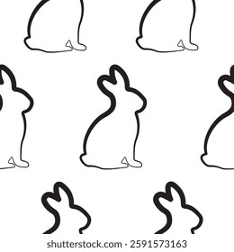 seamless pattern with Easter bunny sitting on hind legs in line art style drawn with original outline, for logos and various designs