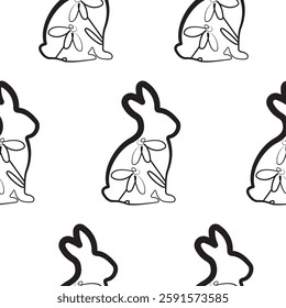 seamless pattern with an Easter bunny sitting on its hind legs and turned to the right on its paws and daisy buds in line art style, for logos and various designs