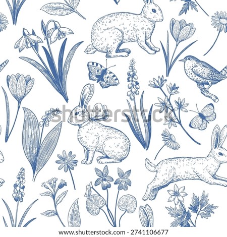 Seamless pattern with easter bunny and spring flowers. Elegant vintage print with hand-drawn illustrations in engraving style.