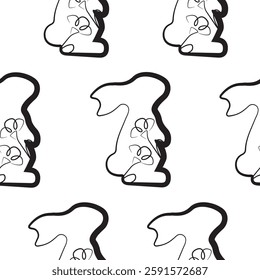 seamless pattern with an Easter bunny standing on its hind legs and turned to the right on its paws and flower buds in line art style, for logos and various designs