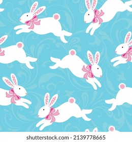 Seamless pattern of Easter Bunny with Swirl Background