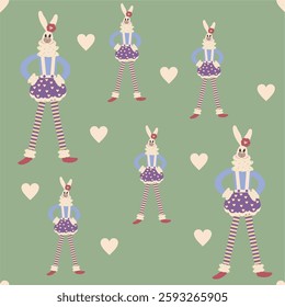 Seamless pattern Easter Bunny wearing an apron.  Happy easter day.  Vector rabbit icons set. Simple cartoon bunny. Kids texture for fabric, wrapping, textile, wallpaper