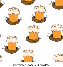 Seamless pattern with Easter cake in bird's nest. Hand drawn Happy Easter background. Paschal cake. Vector stock illustration, template design. Holiday sweet food. Doodle style.