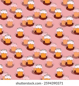 Seamless pattern with Easter cake in bird's nest. Hand drawn Happy Easter background. Paschal cake. Vector stock illustration, template design. Holiday sweet food. Doodle style.