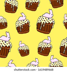 Seamless pattern with easter cake ink hand drawn illustration with icing easter bunny. Holiday sweet food. Colorful and beautiful holiday cake. Perfect for invitations, cards, prints, flyers, posters.