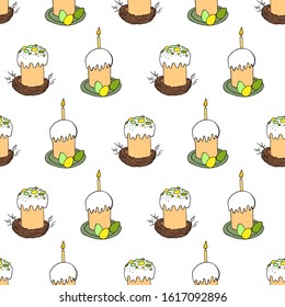 Seamless pattern with Easter cake on white background. Hand drawn Happy Easter symbol. Design for card, postcard, wallpaper, posters, fabric, textile. Holiday sweet food. Doodle style.