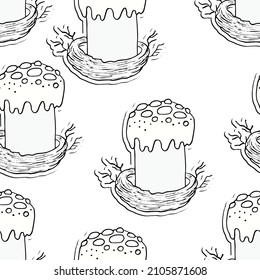 Seamless pattern with Easter cake on white background. Hand drawn Happy Easter symbol. Design for card, postcard, wallpaper, poster, fabric, textile. Holiday sweet food. Doodle style.