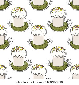 Seamless pattern with Easter cake on white background. Hand drawn Happy Easter symbol. Design for card, postcard, wallpaper, poster, fabric, textile. Holiday sweet food. Doodle style.