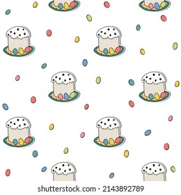 Seamless pattern with Easter cake on white background. Hand drawn Happy Easter symbol. Design for card, postcard, wallpaper, poster, fabric, textile. Holiday sweet food. Doodle style.