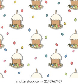 Seamless pattern with Easter cake on white background. Hand drawn Happy Easter symbol. Design for card, postcard, wallpaper, poster, fabric, textile. Holiday sweet food. Doodle style.