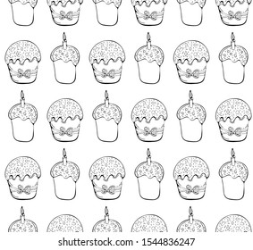 Seamless pattern Easter cake or Easter sweet bread or Paska isolated on white background. Festive baking art line style. Easter food. Traditional orthodox food. Hand drawn vector illustration. Doodle