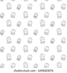 Seamless pattern with Easter cake or sweet bread or Paska. Spring festive background and texture with traditional orthodox food in contour doodle style. Hand Drawn vector illustration