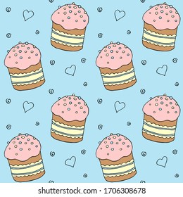 Seamless pattern. Easter cake or sweet bread or Paska. Soft colorful Spring festive background and texture with traditional food in cartoon style. Hand Drawn vector illustration