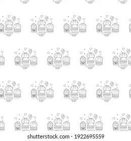 Seamless pattern with Easter cake or sweet bread or Paska. Spring festive background and texture with traditional orthodox food in contour doodle style. Hand Drawn vector illustration
