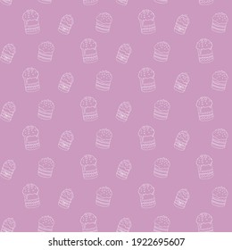 Seamless pattern with Easter cake or sweet bread or Paska. Spring festive background and texture with traditional orthodox food in contour doodle style. Hand Drawn vector illustration