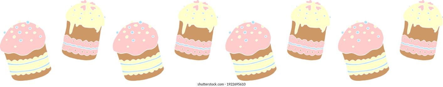 Seamless pattern. Easter cake or sweet bread or Paska. Spring festive border, ribbon, edge with traditional food in cartoon style. Hand Drawn vector illustration