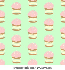 Seamless pattern. Easter cake or sweet bread or Paska. Soft colorful Spring festive background and texture with traditional food in cartoon style. Hand Drawn vector illustration