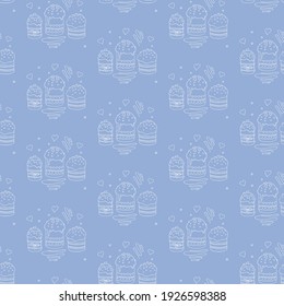 Seamless pattern with Easter cake or sweet bread or Paska. Spring festive background and texture with traditional orthodox food in contour doodle style. Hand Drawn vector illustration