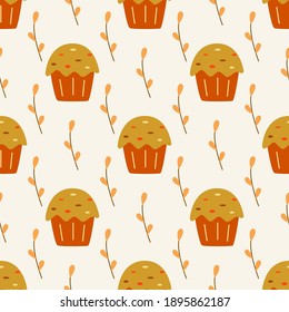 Seamless pattern with Easter cake and willow twigs. Happy Easter. Colorful vector cartoon illustration. Suitable for wrapping paper, fabric, print