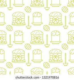 Seamless pattern with Easter cakes, candle, decorated eggs. Happy Easter. Festive background. Design for banner, poster or print.
