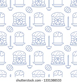 Seamless pattern with Easter cakes, candle, decorated eggs. Happy Easter. Festive background. Design for banner, poster or print.