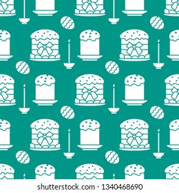 Seamless pattern with Easter cakes, candle, decorated eggs. Happy Easter. Festive background. Design for banner, poster or print.