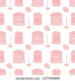 Seamless pattern with Easter cakes, candle, decorated eggs. Happy Easter. Festive background. Design for banner, poster or print.