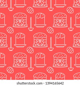 Seamless pattern with Easter cakes, candle, decorated eggs. Happy Easter. Festive background. Design for banner, poster or print.