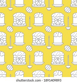 Seamless pattern with Easter cakes, candle, decorated eggs. Happy Easter. Festive background. Design for banner, poster or print. Illuminating and Ultimate Gray.