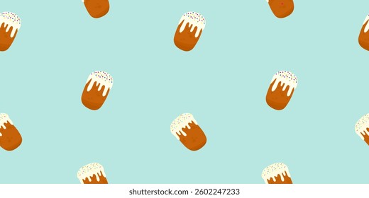 Seamless pattern with Easter cakes (kulich) on a pastel background. Traditional holiday dessert with white icing and colorful sprinkles. Cute and festive design for textiles, packaging, and decor.