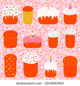 Seamless pattern with Easter cakes vector illustration isolated on pink. Various Easter bread decorated with glaze and sprinkles, light candles and eggs. Hand drawn print