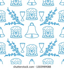 Seamless pattern with Easter cakes, willow branches, bells, wine glasses. Happy Easter. Festive background. Design for banner, poster or print.