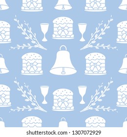 Seamless pattern with Easter cakes, willow branches, bells, wine glasses. Happy Easter. Festive background. Design for banner, poster or print.