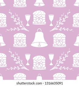 Seamless pattern with Easter cakes, willow branches, bells, wine glasses. Happy Easter. Festive background. Design for banner, poster or print.