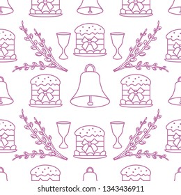 Seamless pattern with Easter cakes, willow branches, bells, wine glasses. Happy Easter. Festive background. Design for banner, poster or print.