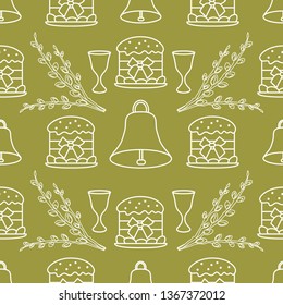 Seamless pattern with Easter cakes, willow branches, bells, wine glasses. Happy Easter. Festive background. Design for banner, poster or print.
