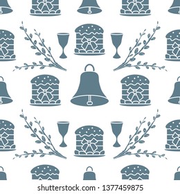 Seamless pattern with Easter cakes, willow branches, bells, wine glasses. Happy Easter. Festive background. Design for banner, poster or print.